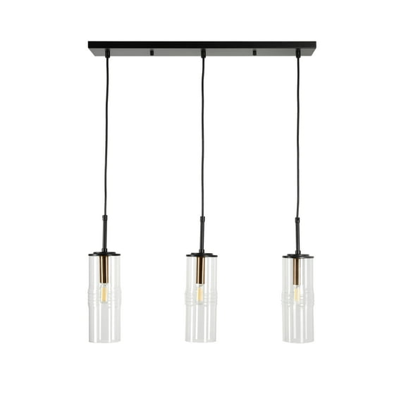 Kenroy Home Caulford 3-Light Adjustable Height Kitchen Island Light Fixture with Clear Glass Cylinder Shade for Kitchen Island, Dinning Room, Bedroom, Foyer, or Entryway, Black