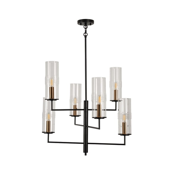 Kenroy Home Caulford 6-Light Chandelier with Clear Glass Cylinder Shade or Dining Room, Living Room, Bedroom, High Ceiling, Foyer or Entryway, Black and Gold