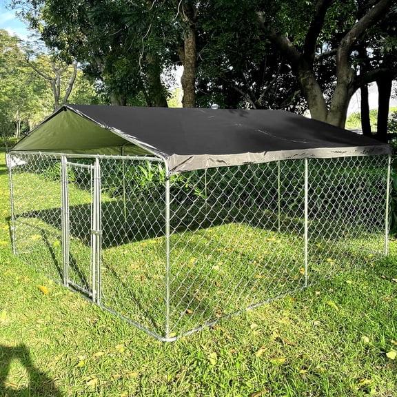 Caulitar 10x10ft Dog Kennel Outside Metal Playpen Outdoor Dog Kennel Poultry Cage with Cover Galvanized Steel Dog Fence with Roof for Heavy Duty Dog Yard