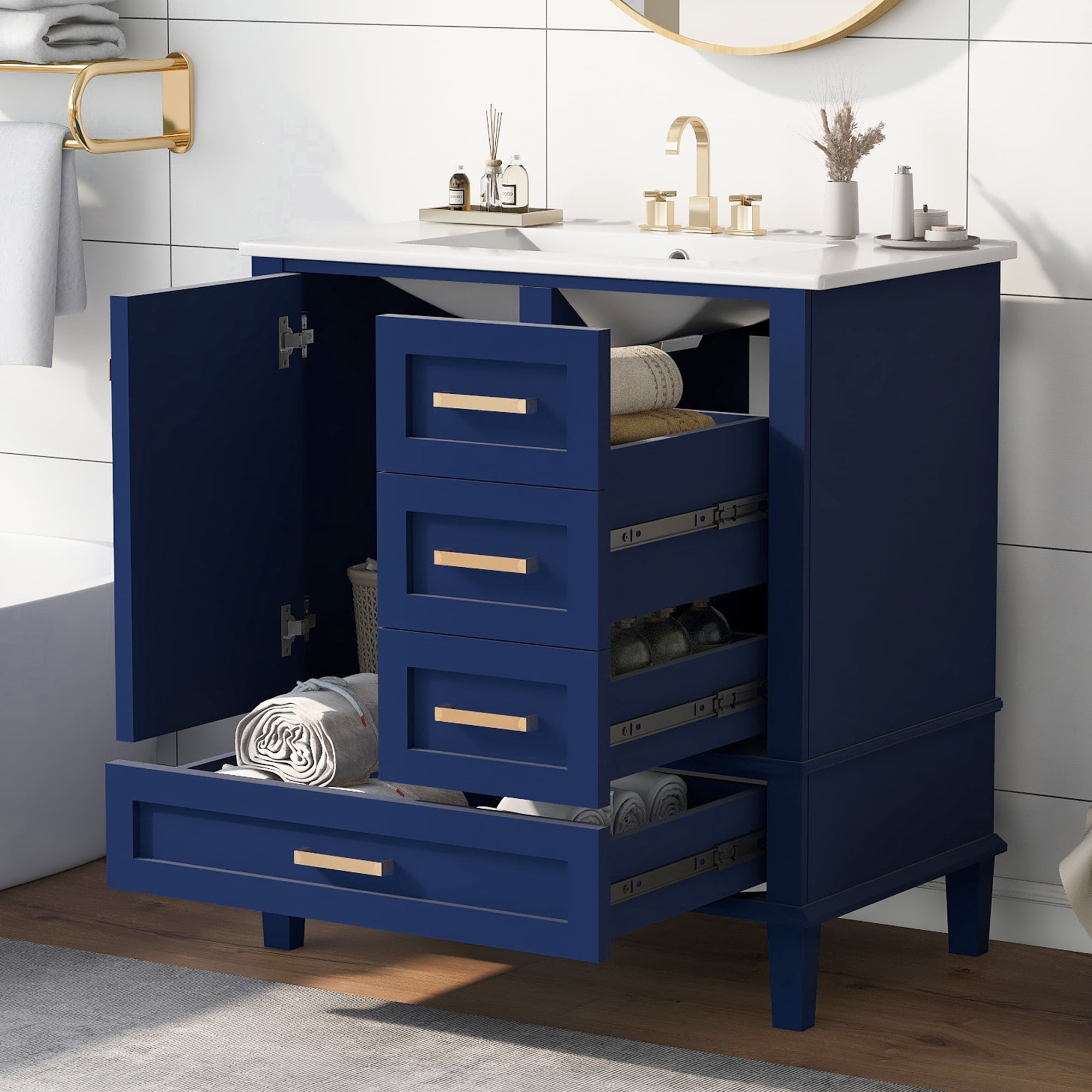 Blue 30" Solid Wood Bathroom Vanity with Ceramic Sink