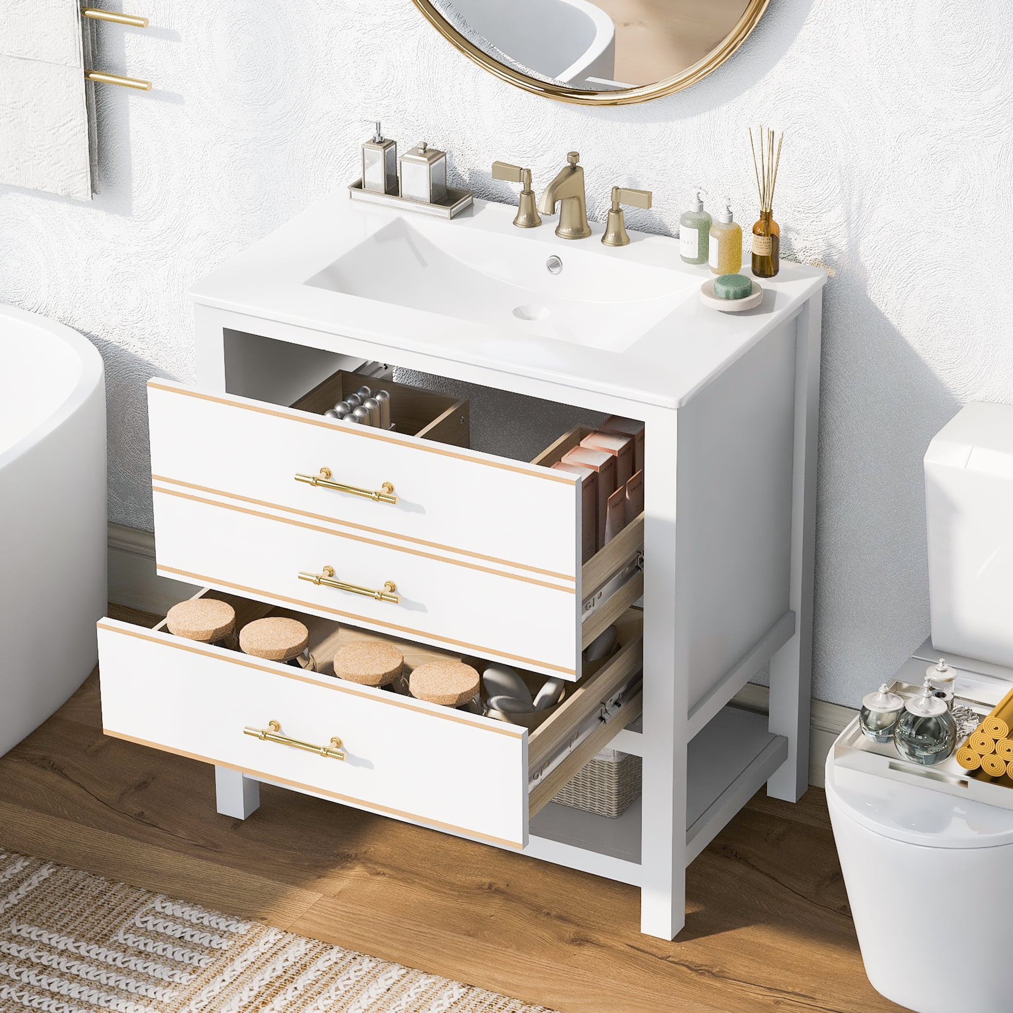 White Solid Wood and MDF Freestanding Bathroom Vanity with Ceramic Sink
