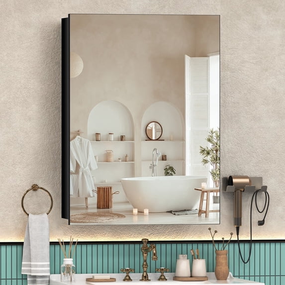Caulitar 32x24 inch Bathroom Mirror Cabinet with 2 Shelves, Wall Mounted Medicine Cabinet, Aluminum Alloy Frame