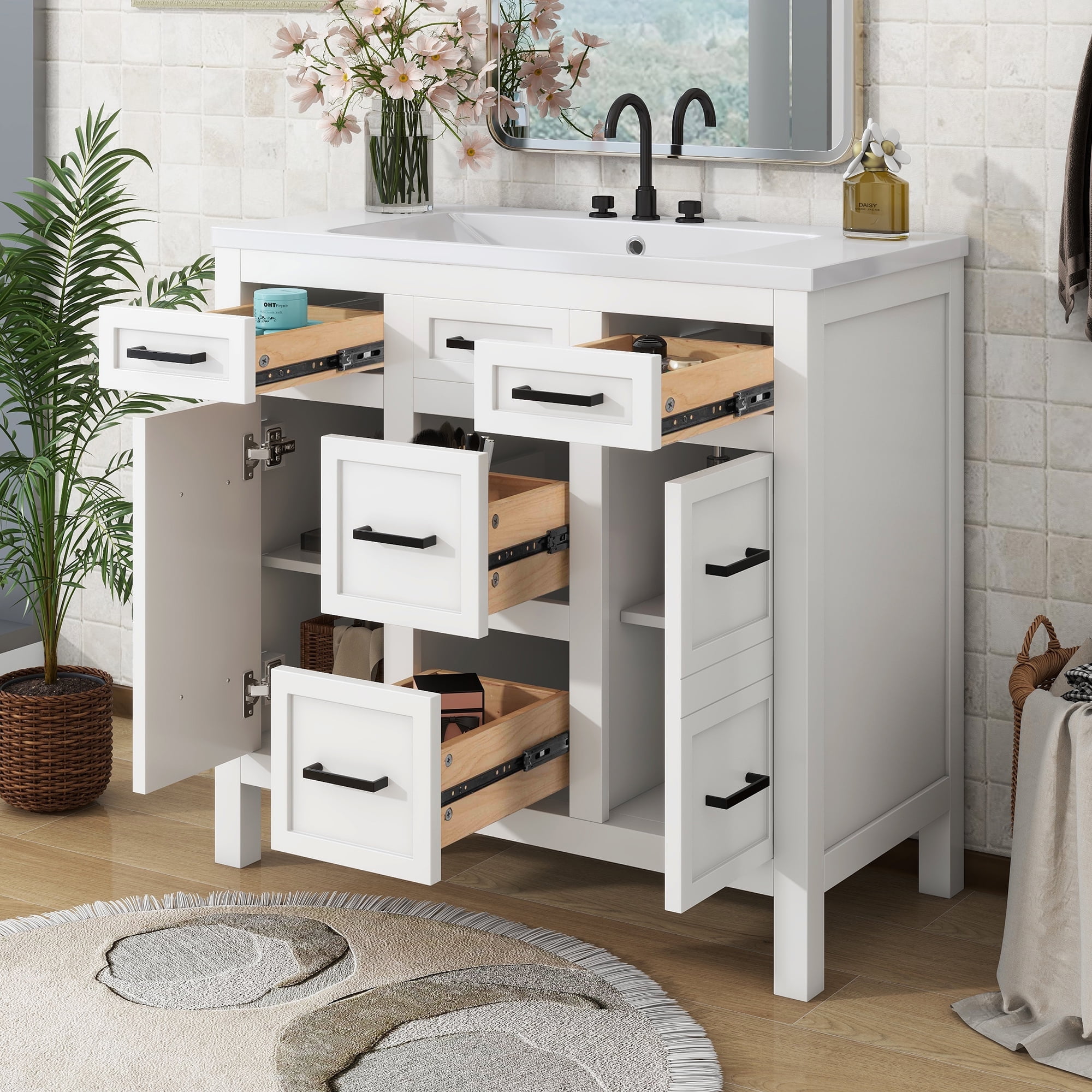 White 36" Freestanding Bathroom Vanity with Resin Sink and Storage