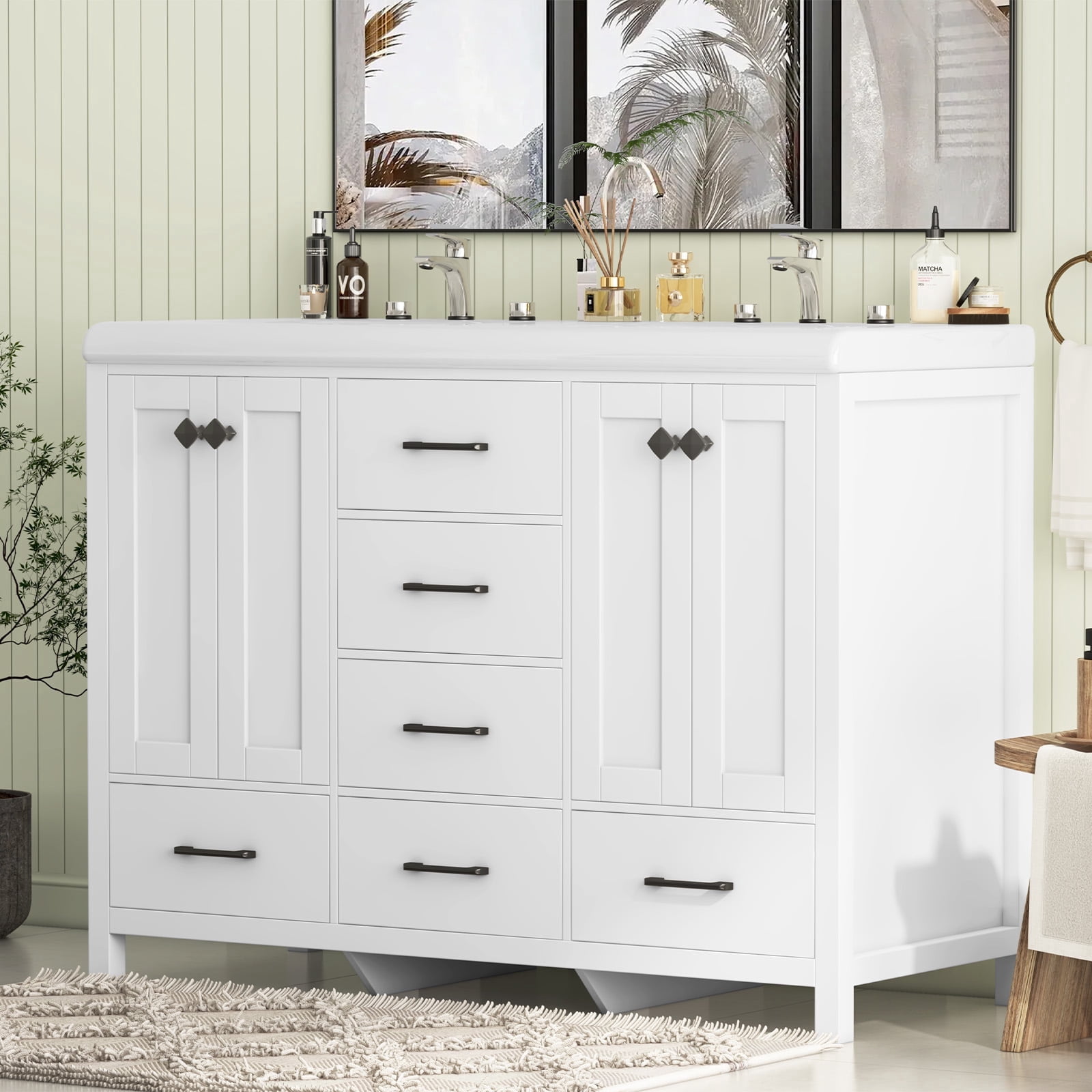 Caulitar 47" Large Bathroom Vanity with Double Ceramic Sink Top, Freestanding Vanity Cabinet 6 Drawers and Shelves, White