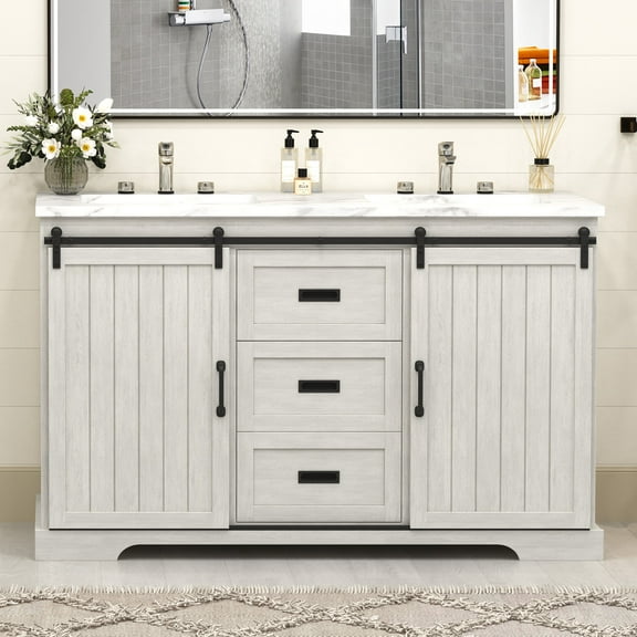 Caulitar 54" Free Standing Double Basin Vanity Set, Bathroom Makeup Cabinet with 2 Doors and 2 Drawers, Large Vanity Storage Organizer with Artificial Marble Countertop