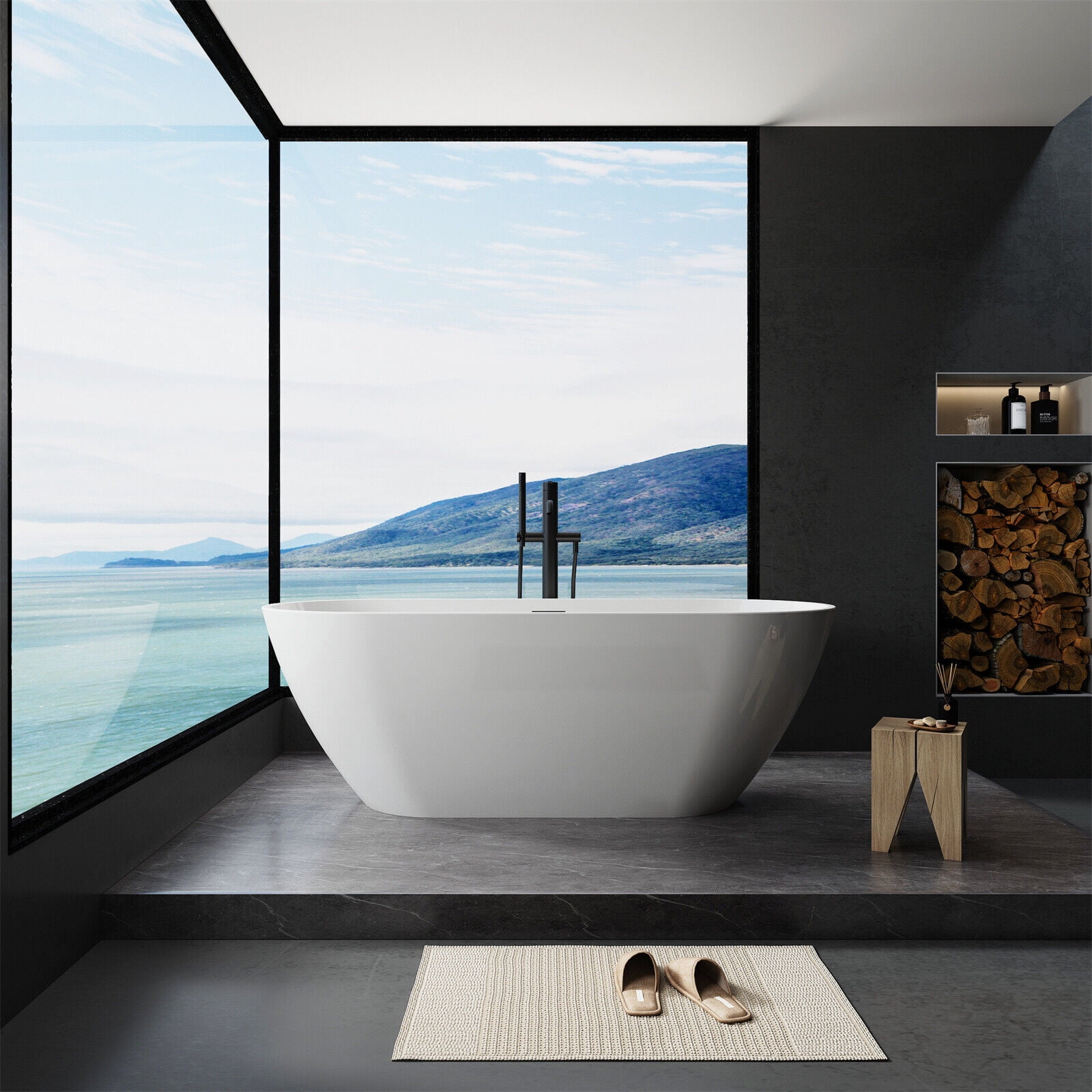 Caulitar 55" Freestanding Bathtub, Oval Shaped Stone Resin Freestanding