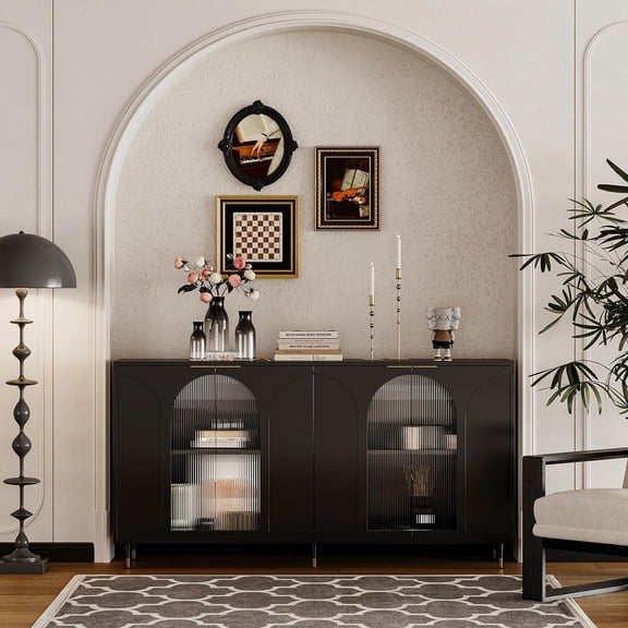 Caulitar 60" Accent Buffet Sideboard Wooden Storage Cabinet Console Sofa Table with 4 Glass Doors, Server Cupboard Cabinet for Living Room, Entryway, Hallway, Office, Kitchen and Dining Room, Black