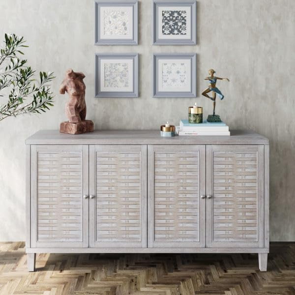 Natural Light Brown Wood 4-Door Accent Cabinet Sideboard