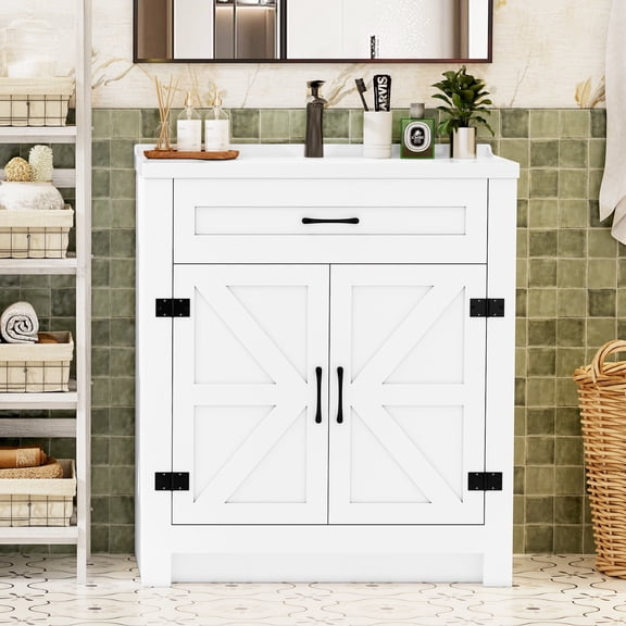 Caulitar Bathroom Vanity with Sink Top, Door and Drawer, Solid Wood Frame, White