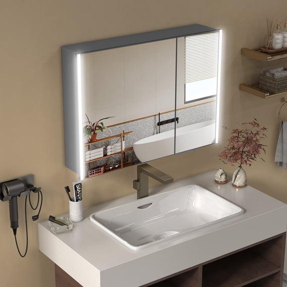 Caulitar Double-Door Bathroom Mirror Cabinet with LED Light, Adjustable Brightness, Wall Mount Storage Organizer with Shelves, Black