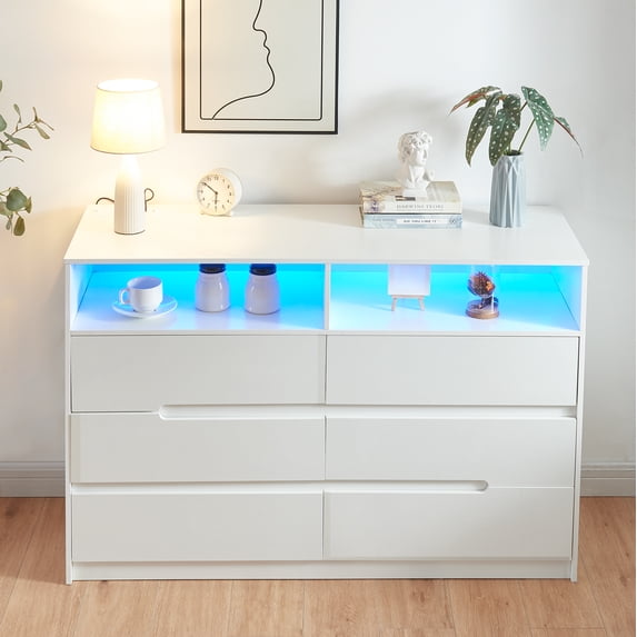 Caulitar Drawer Dresser for Bedroom, 6 Double Modern Drawer Dresser, Wood White Dresser with Wide Drawers, White