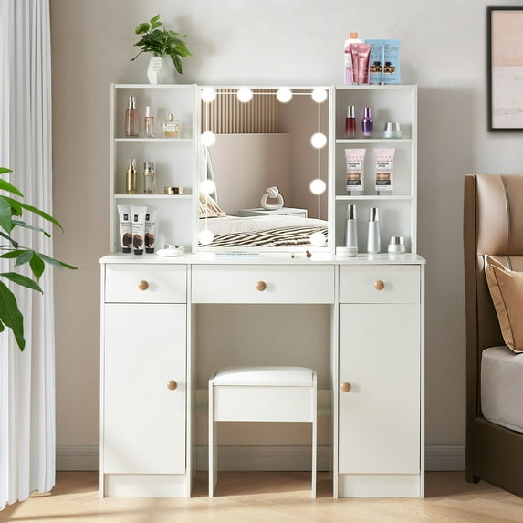 Caulitar Makeup Vanity Table with LED Mirror and Stool, Vanity Desk with 3 Drawers and 2 Cabinet, White
