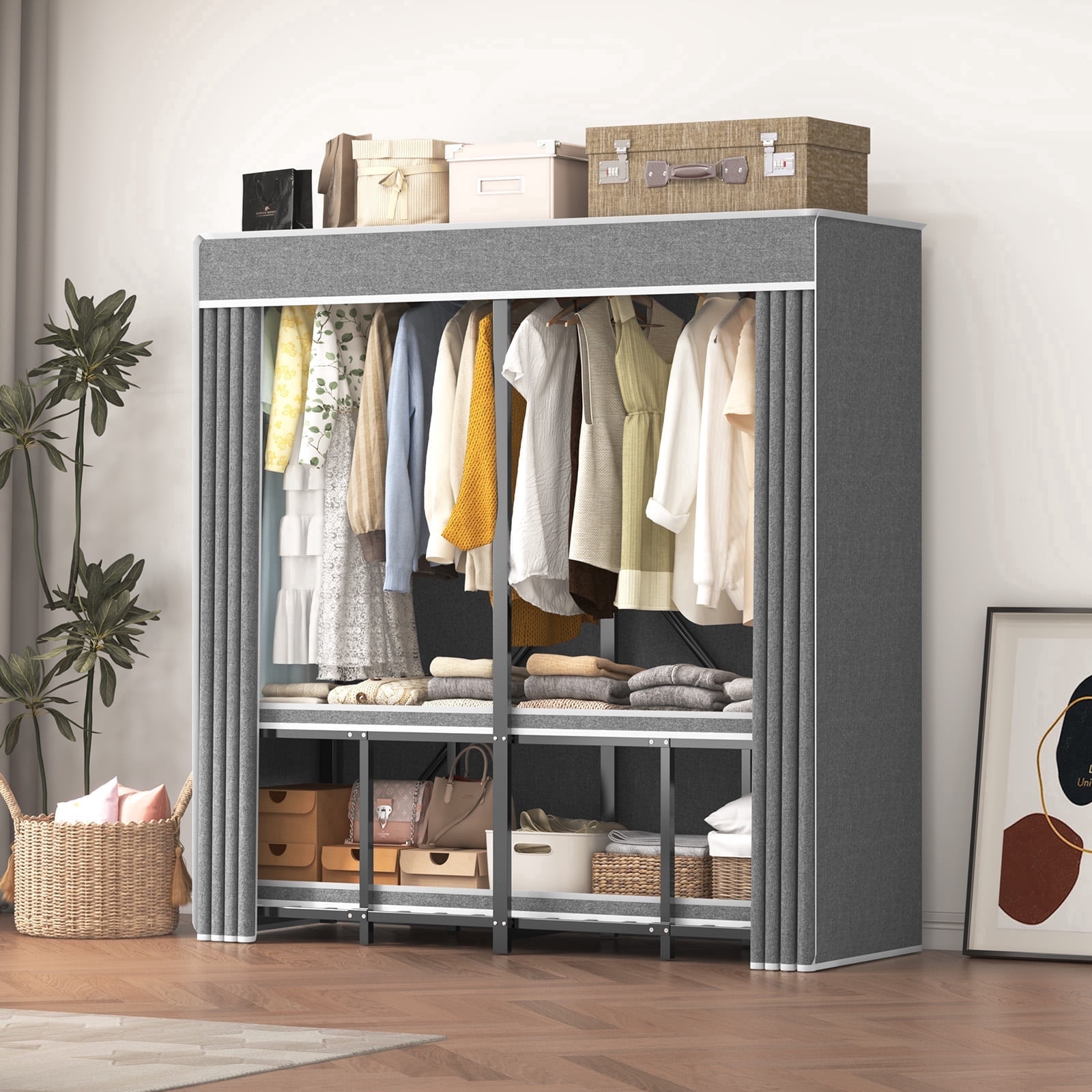 Caulitar Heavy Duty Portable Closet with Cover, Foldable Metal Wardrobe, 3-Tier Garment Rack with Cover (59.1"D x 20.5"W x 70.8"H, Gray)