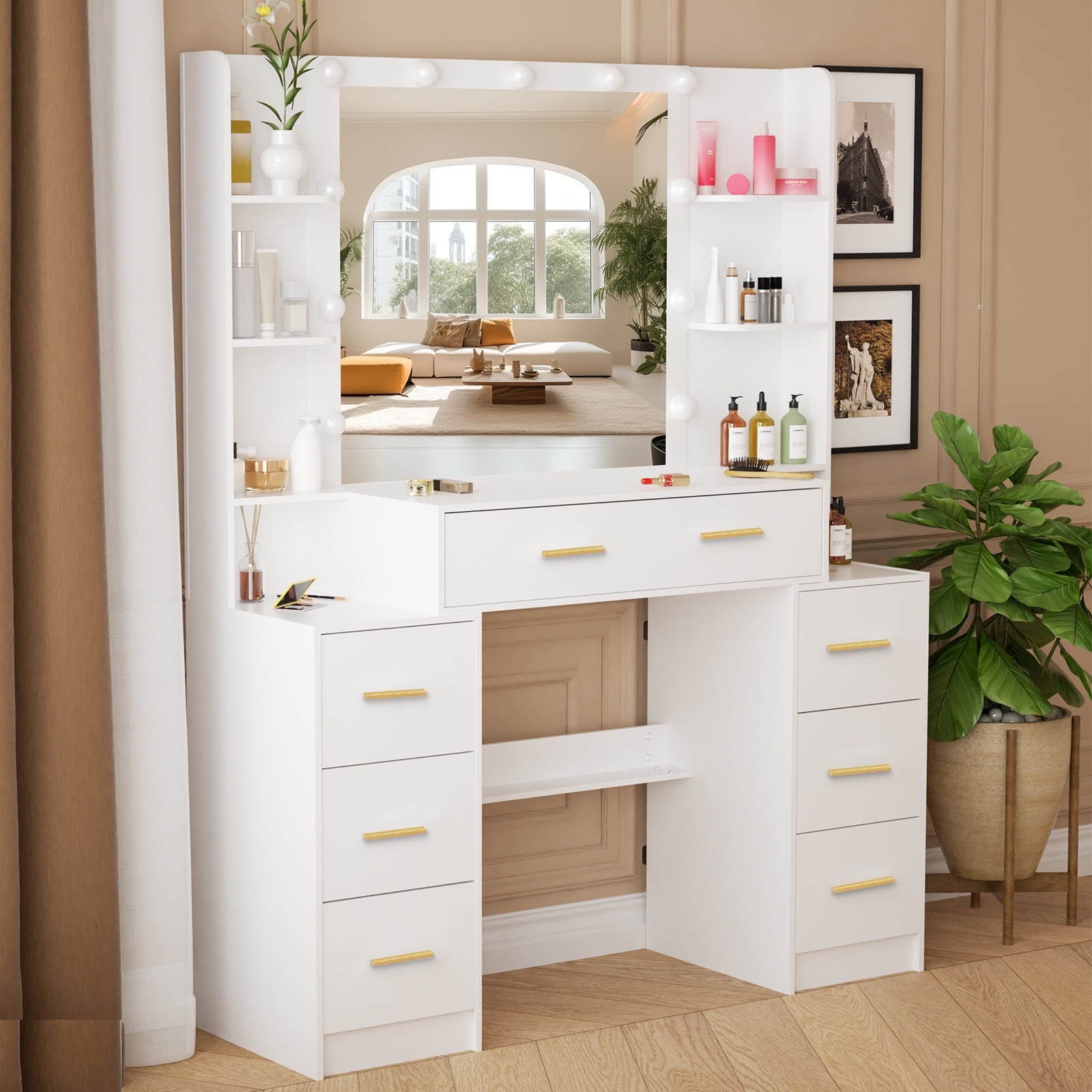 Caulitar Large Dressing Table with Mirror Makeup Desk with 3 Color Lighted 7 Drawers Metal Handle White for Women
