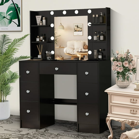 Caulitar Large Makeup Vanity Set with Lighted Mirror & 7 Storage Drawers, Clutter Organizer, Adjustable LED Lights, Black Dressing Table for Women
