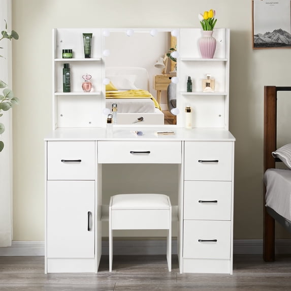 Caulitar Large Makeup Vanity Set with LED Lighted Mirror Dressing Table with 5 Drawer & Stool for Bedroom, Whtie