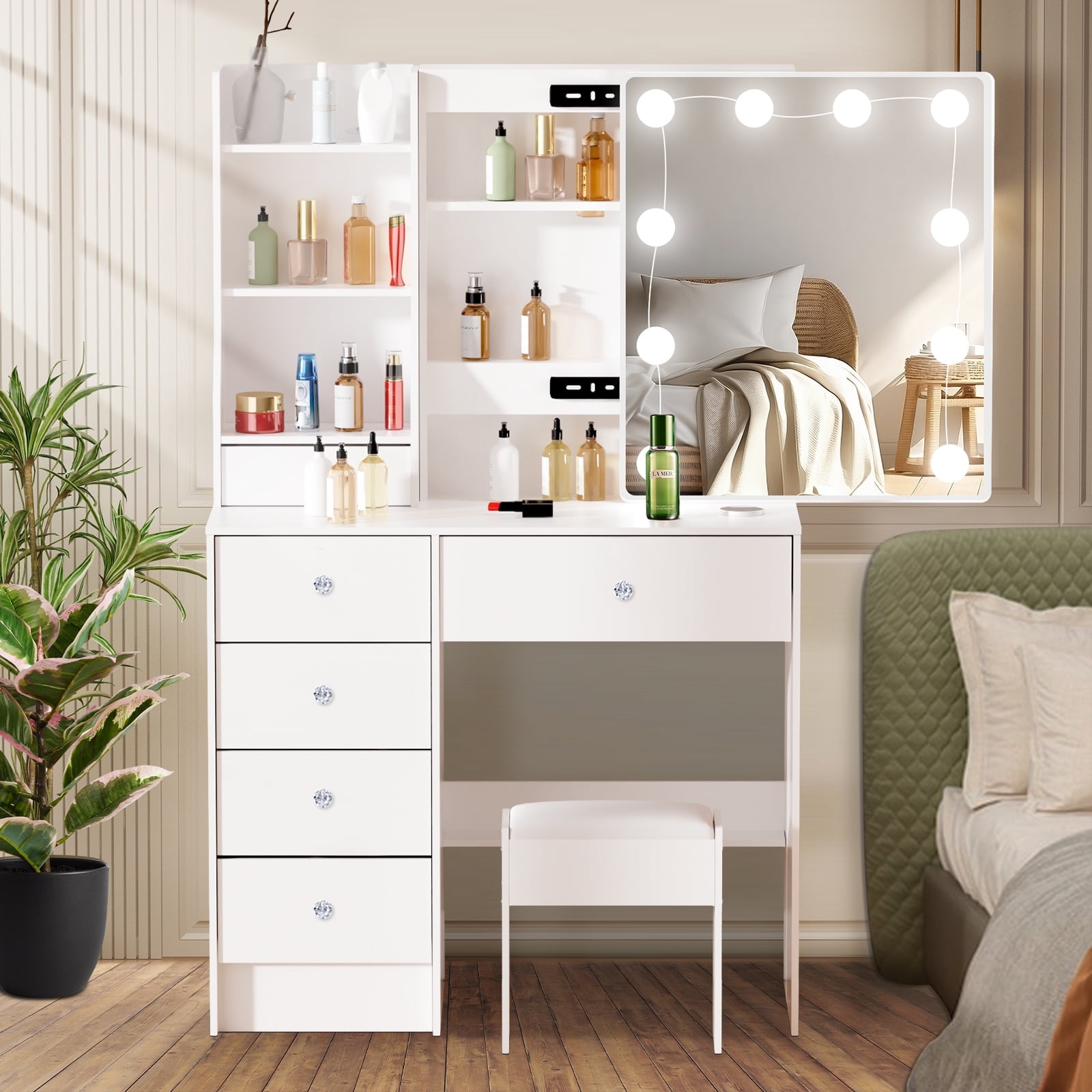 Caulitar Makeup Vanity Set, Dressing Table with Sliding Mirror Light, Vanity Desk with Stool & 6 Drawers & Shelves, White
