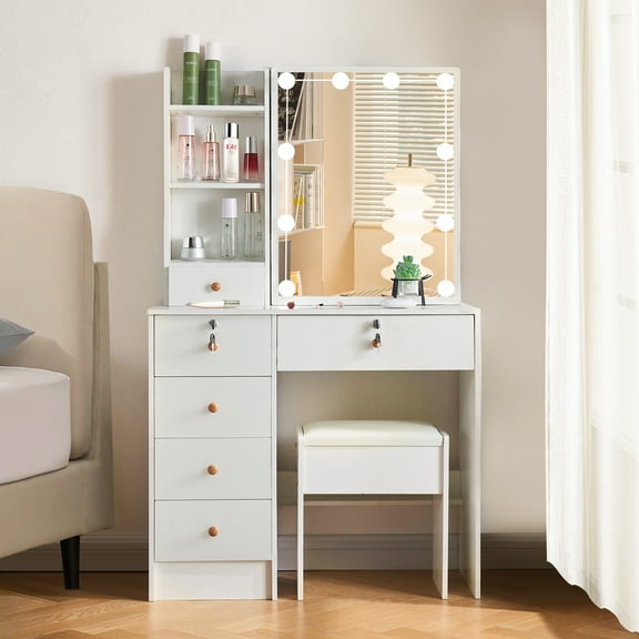 Caulitar Makeup Vanity Desk with Mirror and Lights, Vanity Desk with Lock Drawers & Shelves and Cushioned Stool , Vanity Table Set for Bedroom, White