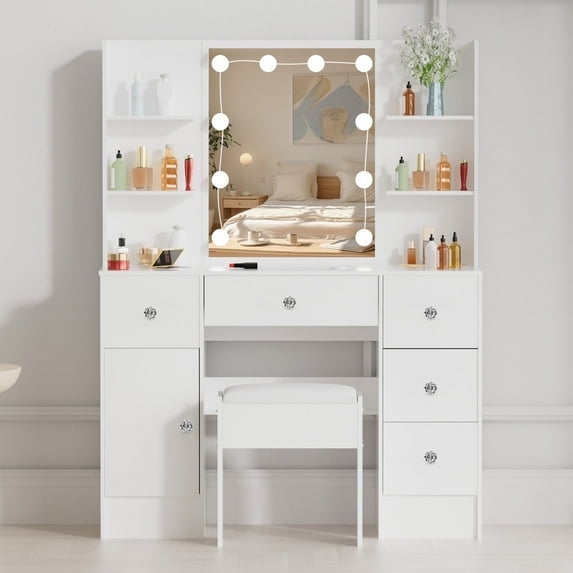 Caulitar Makeup Vanity with Mirror and Lights, 5 Drawers & Cabinet & Stool, Crystal Knobs, Modern Vanity Table with Adjustable Lighting Colors, White