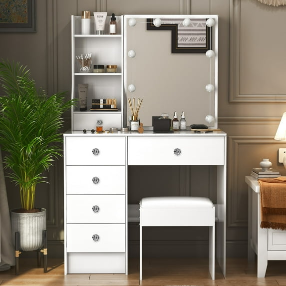 Caulitar Makeup Vanity with Mirror and Lights and Chair, Vanity Desk with Sliding Mirror, 3 Lighting Color Adjustable Vanity Set for Bedroom, White