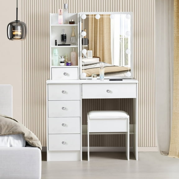 Caulitar Makeup Vanity Set, Dressing Table with Sliding Mirror & Lights, Vanity Desk with Stool & 6 Drawers & Shelves, White