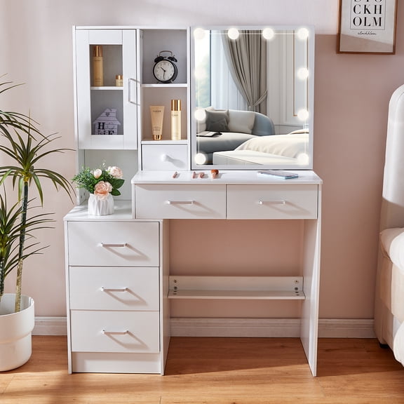 Caulitar Makeup Vanity Set with Sliding LED Lighted, 3 Light Modes, Makeup Dressing Table with 6 Drawers for Bedroom White