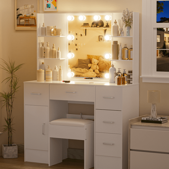 Caulitar Makeup Vanity Set with Large Lighted Mirror and Stool, White Dressing Table with 5 Drawer , Adjustable Brightness, Storage Cabinet & Shelves