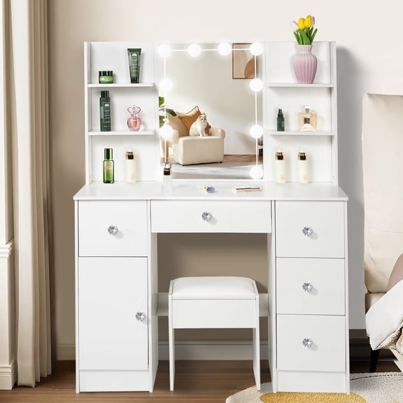 Caulitar Makeup Vanity Set with Lighted Mirror, Makeup Vanity Desk with Drawers, Cabinet and Stool, White