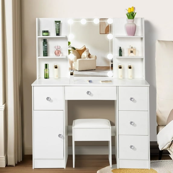 Caulitar Makeup Vanity Set with Lighted Mirror, Makeup Vanity Desk with Drawers, Cabinet and Stool, White