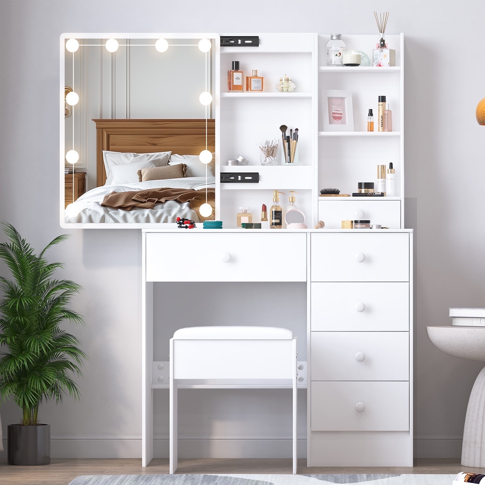 Caulitar Makeup Vanity Set with Sliding Mirror, Makeup Table With 3-Color LED Lights Vanity Desk with Stool & 6 Drawers & Shelves, White