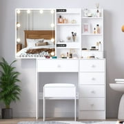 Caulitar Makeup Vanity Set with Sliding Mirror, Makeup Table With 3-Color LED Lights Vanity Desk with Stool & 6 Drawers & Shelves, White