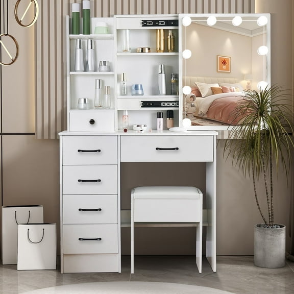 Caulitar Lighted Makeup Vanity with Sliding Mirror, Modern Vanity Table Set with Stool and 6 Drawer for Bedroom, White