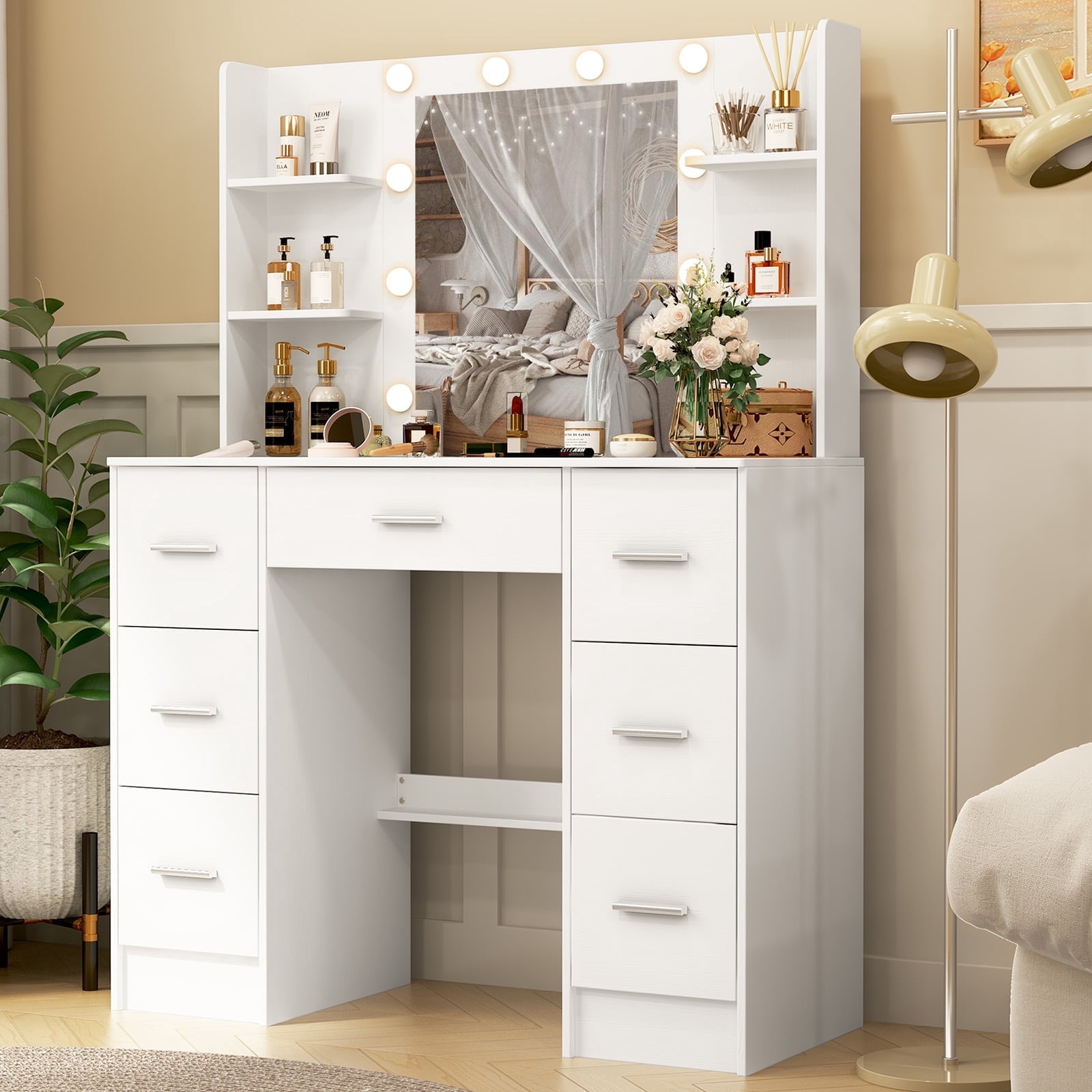 Caulitar Makeup Vanity with Mirror and 7 Drawers & Shelves, Vanity