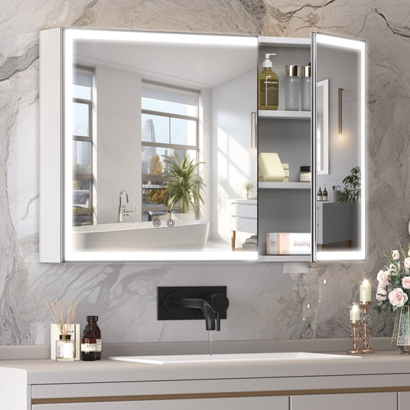 Caulitar Medicine Cabinet with Touch Switch 3 Colors Lights, Bathroom Cabinet with Dimmable LED Light Anti-Fog