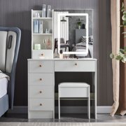 Caulitar Modern Makeup Vanity Table with LED Lighted Mirror and Stool, Small Vanity Set with Storage for Girl, White