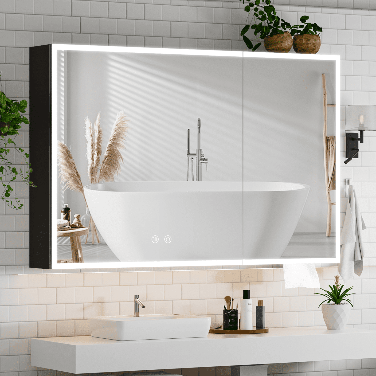 Caulitar 35.4" Bathroom Medicine Cabinet with LED Lighted Mirror Wall-Mounted Bathroom Double Mirrors Door