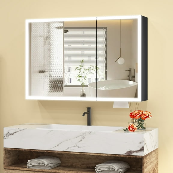 Caulitar Modern Wall Mounted Bathroom Mirror Cabinet with LED Light Defogging Function