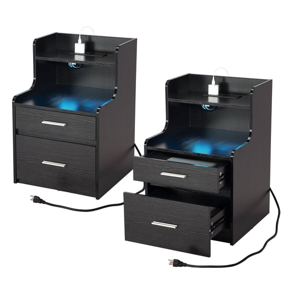 Caulitar Nightstand with Charging Station and LED Lights, 2 AC and USB Power Outlets, Night Stand with 2 Drawers and Storage Shelves, Bedside Table for Bedroom - Black 2PCS