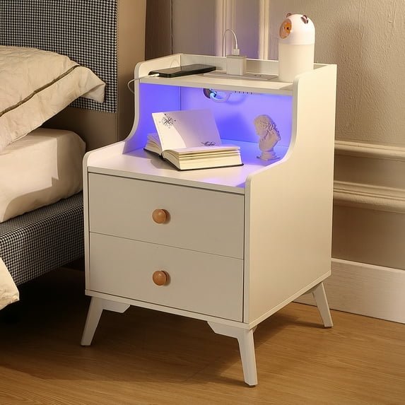 Caulitar Side Table with Storage, LED Night Stand with Charging Station, End Tables Living Room Bedroom , 3-Tier Wood Bedside Table, White