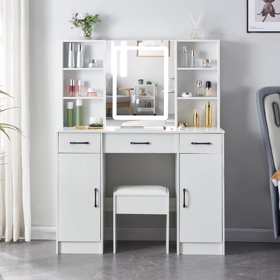 Caulitar Vanity Desk with Mirror & Lights, 3 Lighting Modes, Modern Makeup Table with Drawers and Cabinets for Bedroom, White