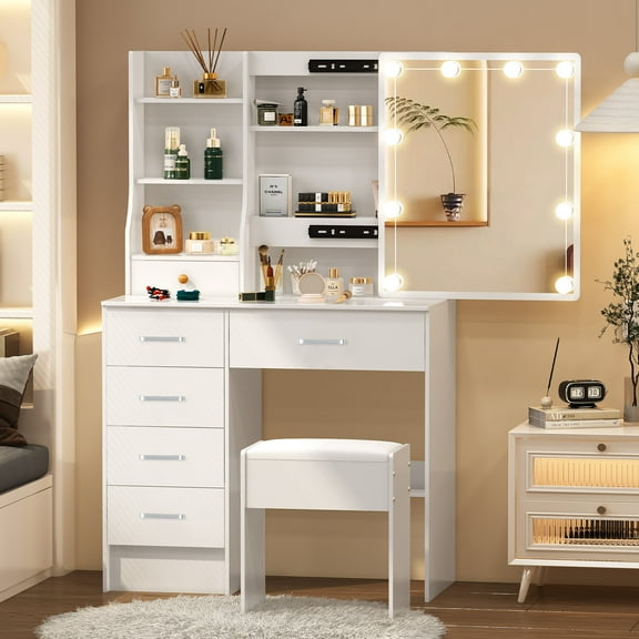 Caulitar Vanity Desk Set with Lighted Sliding Mirror, Vanity Set with 6 Drawers & 5 Shelves for Bedroom, White