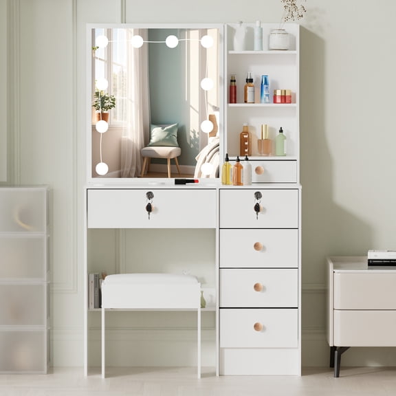Caulitar Vanity Desk with LED Lights and Mirror and Stool, Makeup Vanity Set with 6 Drawers for Grils, White
