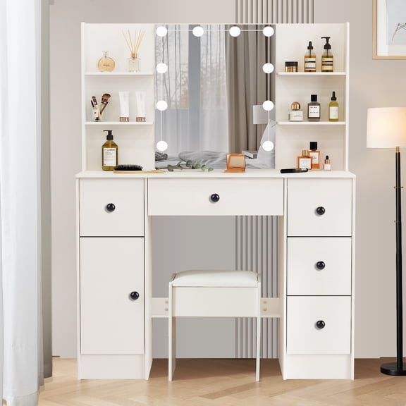 Caulitar Vanity Desk with LED Lighted Makeup Vanity Table with 5 Drawers, 6 Shelves & Cabinet - Perfect for Cosmetics and Jewelry Storage