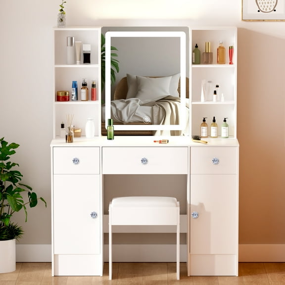 Caulitar Vanity Desk with Lighted Mirror, 3 Light Modes, Makeup Vanity with Drawers and Cabinets, White