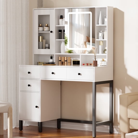 Caulitar Vanity Desk with Sliding Mirror and 3 Color Lighted Lights, Dressing Table with 4 Drawers, Shelves, Glass Cabinet,White