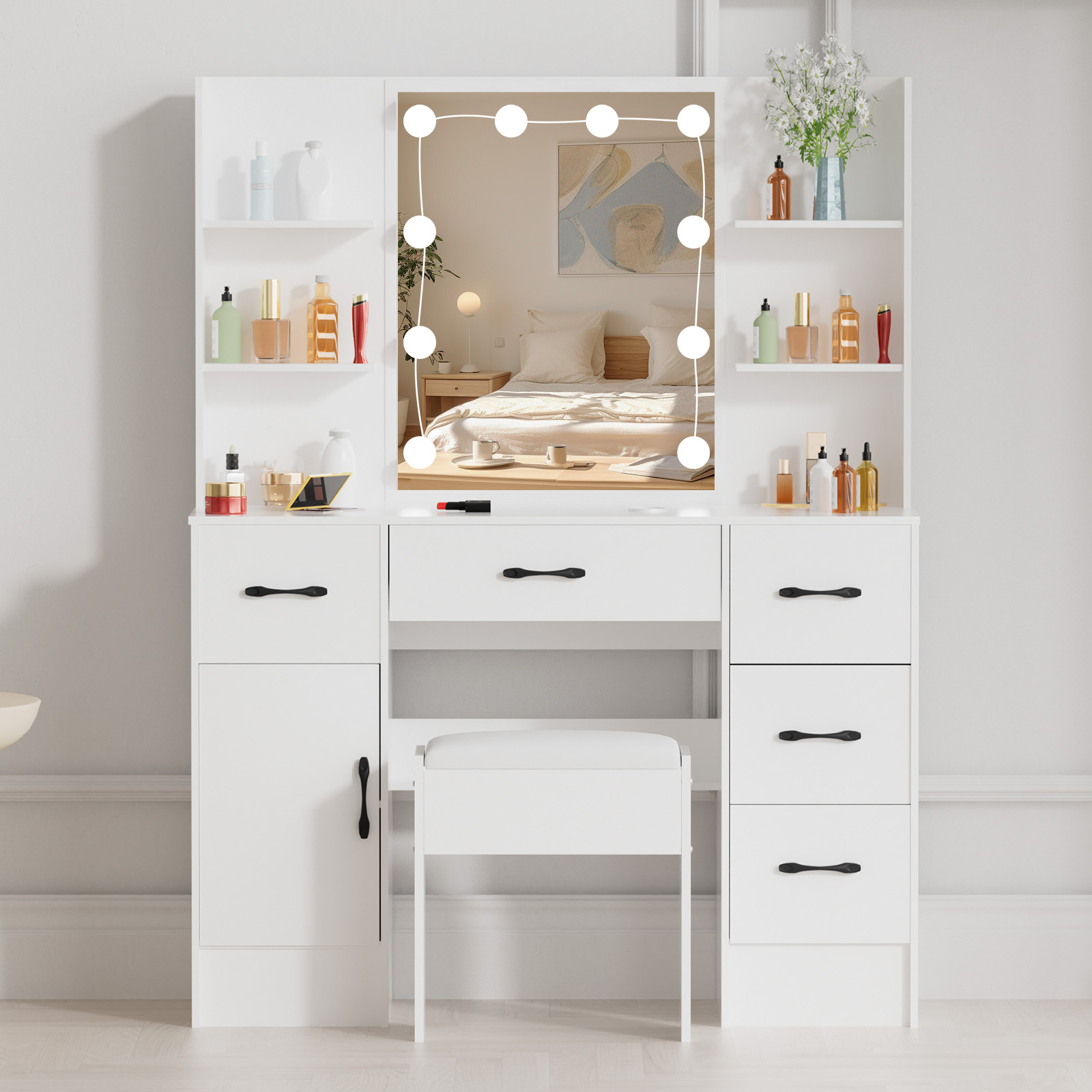 Caulitar Vanity Desk with Stool Makeup Vanity Set with 10 LED Lighted