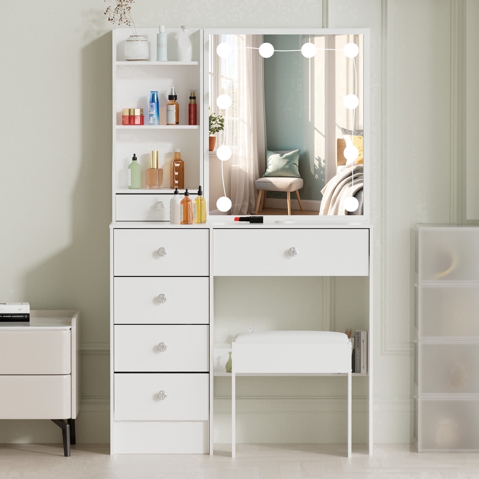 Caulitar Vanity Set with Mirror & Lights, Adjustable Brightness, Makeup Vanity with Chair and Storage, White