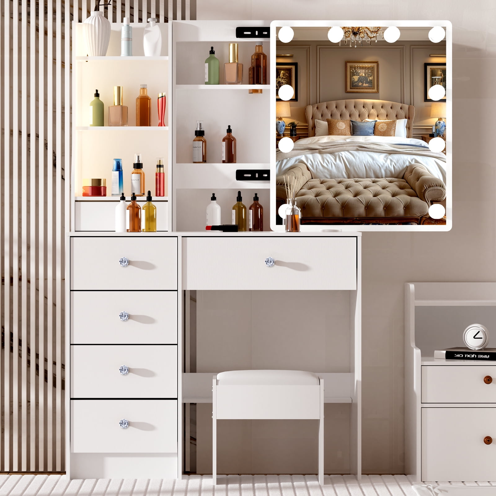 Caulitar Vanity Mirror with Lights Desk and Chair, Makeup Vanity Desk with Sliding Mirror & Stool,Vanity Set with Mirror 3 Lighting Color Adjustable for Women White