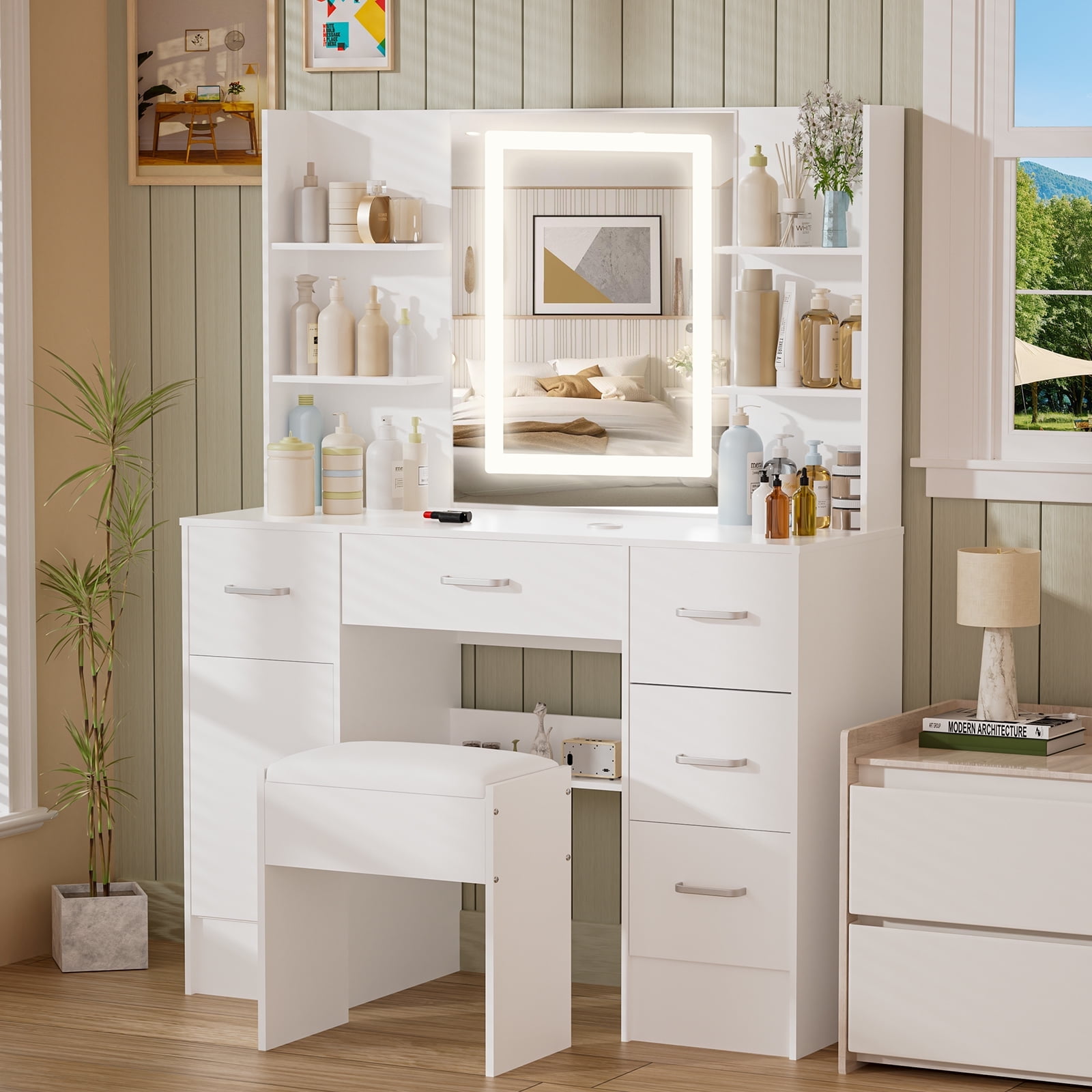 Caulitar Vanity Set with Lighted Mirror, Large Makeup Vanity Desk with ...