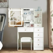 Caulitar Vanity Set with Sliding Mirror and Stool, White Vanity Desk with Brightness Adjustment, Makeup Table with 6 Drawers and 6 Shelves for Girls